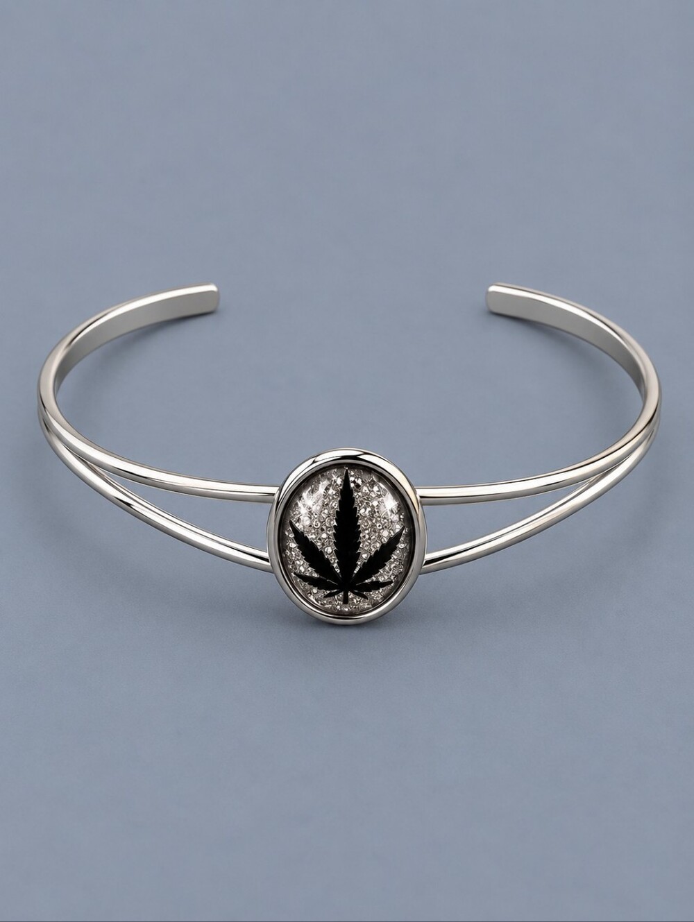 Dainty Stainless Steel Glitter Pot Leaf Cuff Bracelet